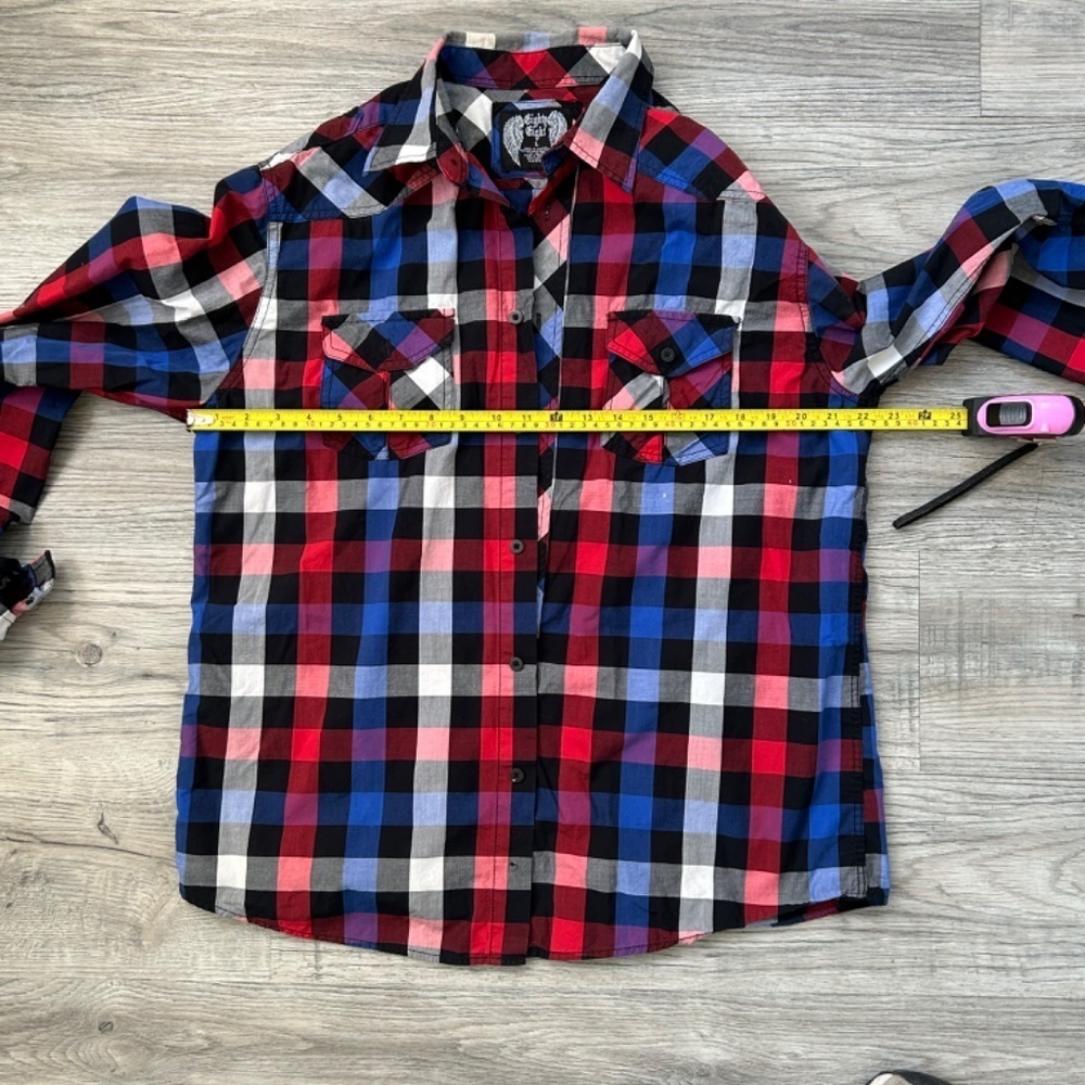 Eighty Eight Red/Black/Blue/White Button Down Shirt w/ Roll Up Sleeve Sz L - Picture 8 of 9